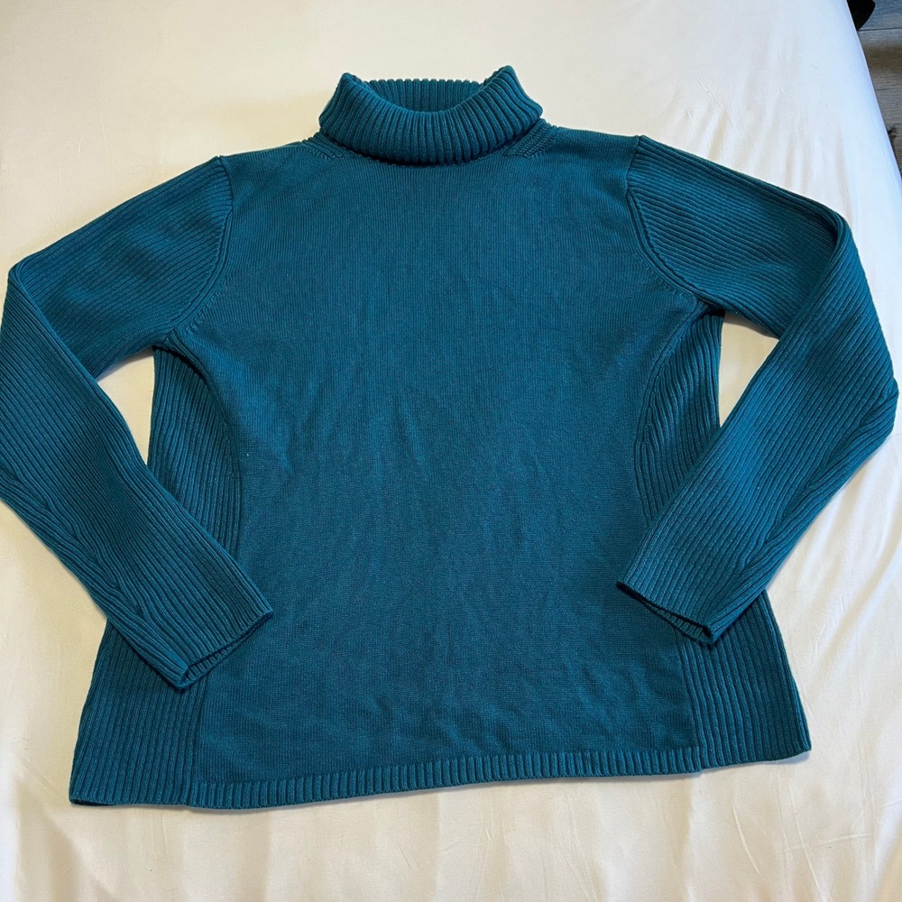Coldwater Creek Teal Blue Ribbed Mixed Knit Turtleneck Sweater Womens Medium